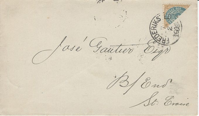 
EARLIEST REPORTED FREDERIKSTED POSTMARK - February 7 1903
This letter was deposited in the letterbox on board the mail schooner “Vigilant” while it was at the Charlotte Amalie harbour, most likely after the closing hours of the Post Office. It was delivered to Christiansted Post Office the next morning. There by mistake - it was only backstamped and sent to Frederiksted without the stamp being canceled. The Frederiksted Post Office also considered the stamp properly used and cancelled it - since it was mailed in St.Thomas where bisect stamp use had been authorized since January 20.