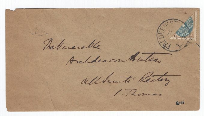 Frederiksted February 11 - 1903 - First day of use. Backstamped St.Thomas February 12. Printing 4. A very rare cover.