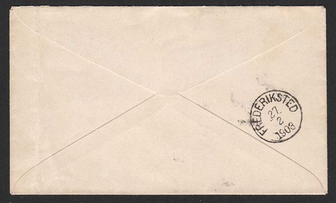 Same cover - backstamped February 27 1903.
On Local Frederiksted covers I have observed a practice of backstamping locally sent mail whereas in Christiansted local mail is lacking backstamps.