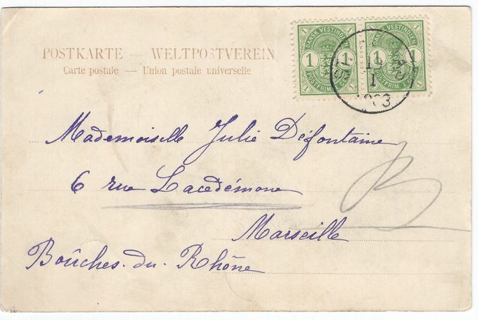 Postcard to France with two 1 cent stamps cancelled January 19 - 1903 the day before the use of bisected 4 cents stamps was authorized.