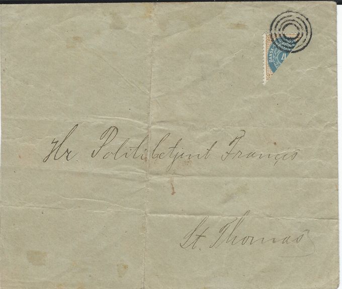 The St.Thomas Post Office used a four-ring cancel for cancelling stamps on mail that arrived without a cancel. It is seen on approximately 1% of bisected mail (incl. envelopes and partials).