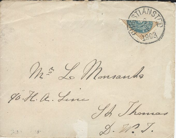 Christiansted April 9 - arrival backstamped St.Thomas April 10.
Note: The letter is send via the Hamburg American Line - it was cut open - commercial mail rather than philatelic. 