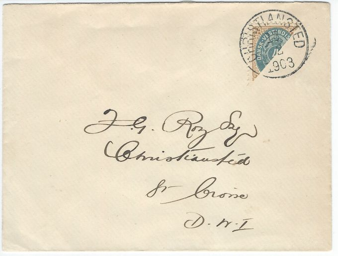 Letter mailed locally in Christiansted - postmark Christiansted  February 13 - no backstamp. Mailed within the 1 cent stamp depletion period.