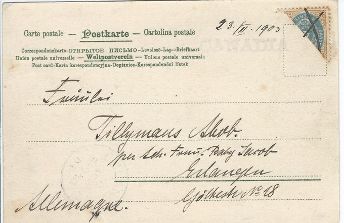 Postcard with bisected 4 cents sent to Germany - pen canc. (tied) purser S/S CANADIA and ms date 23/III 1903.