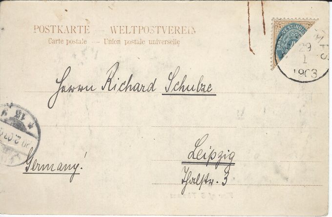 St.Thomas January 29 1903 to Leipzig. Arrival cancel February 20. 
 
