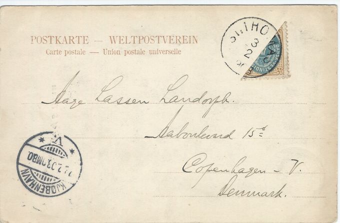 St.Thomas February 3, 1903 to Denmark. Photo postcard without message. Printed Matter -
overpaid with 1 cent. Arrival postmark København February 22, 1903.  