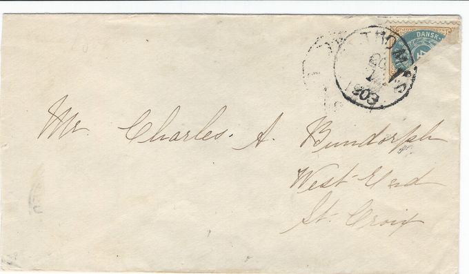January 20 1903 First Day of use - St.Thomas.
The cover is Philatelic - sealed and without content. This cover was sent the same day Thuesdag evening for an overnight trip to Christiansted Post Office and then directed to Frederiksted the day January 21. This is the only cover recorded canceled January 20 and sent to Christiansted the same day.
