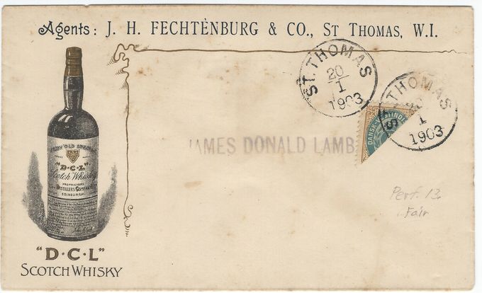 First day card from St. Thomas - inverted frame Printing 3 pos 51.
Double cancels are very unusual.
The inverted frame was first identified in 1917, so its use on philatelic mail was not deliberate.
The card is philatelic.