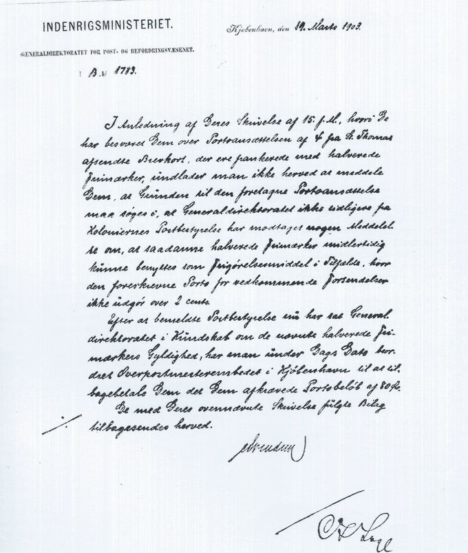 An example of a letter from Indenrigsministeriet  from March 19 1903  - where the Postal authorities in København had granted Reimbursement.