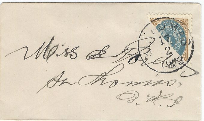 A very small cover (smallest in my collection 53x90 mm) sent locally February 17 1903 - in the 1 cent stamp depletion period.
The stamp is printing 4 with the 