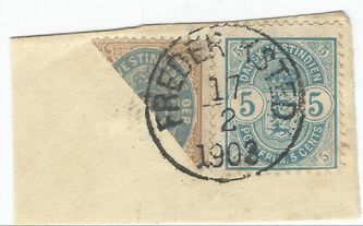 There are only three known partials where the bisected has been cancelled in combination with a 5 cents. The cover is lacking a Danish Registry mark (Anbefalet) which where only used in the Christiansted Post Office. The 5 cents would have paid the registration fee in addition to the 2 cents letter rate - but we will never know the full story. 
Postmark Frederiksted February 17.