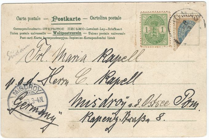 St.Thomas March 28 1903 - Bisected 4 cents and 1 cent on postcard with commercial usage to Misdroy, Germany (today Miedzyzdroje in Polen) Arrival April 20 1903.
The card is overpaid by 1 cent - as the 2 cents (bisected) would have been enough to cover the postage to Germany.

