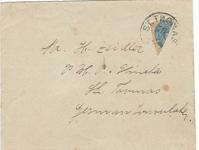St.Thomas March 30 to German Naval Flagship “Vineta” - German Consulate - no arrival mark - but sealed and then opened - likely non-philatelic. 
Maybe commercial.  Inverted frame - Printing 4. 