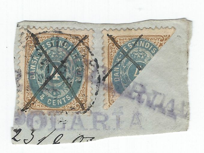 Bisected and single 4 cents used on a partial from a cover. Pen canc. purser stamp “POLARIA” - dated Sep 23 -1903 - the last known usage of a bisected 4 cents. White dot between T and I - flaw - Printing 3 pos. 4.