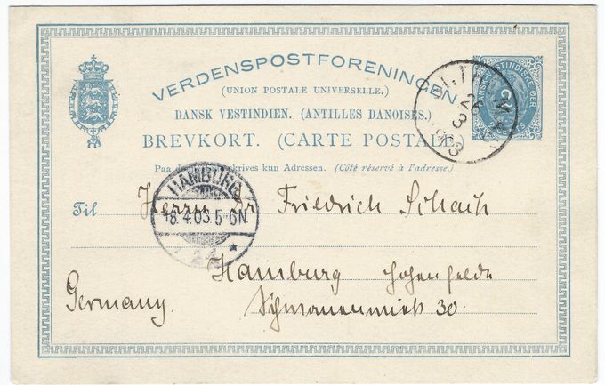 A Single 2 cents postcard sent from St.Thomas to Hamburg in the period when the bisects were used - March 26 1903.