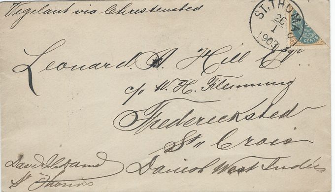 Cover cancelled St.Thomas January 26 1903 and addressed to Frederiksted.  Backstamped January 27. Note the cover reads 