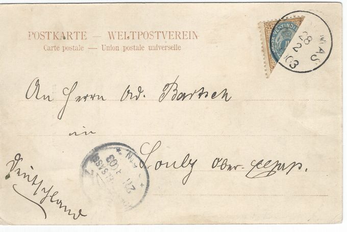 St.Thomas, February 28 1903 to France. The postcard is also canceled in the 1 Cent stamp depletion period.