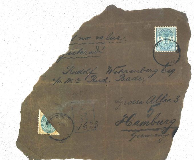 St.Thomas, February-June 1903 - large cut from St.Thomas to Hamburg. Franked with 5 Cents Coat of Arms and 2 cents bisected tied by St.Thomas. This is part of a registered sample without value. Registration mark Danish West Indies R No. 1623 in blue. 2 Cents rate sample of no value - 5 cents registration fee (1.1.1902-14.7.1905)  - a total of 7 cents rate. Correct franking (Frank Banke).