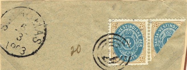 Locally mailed partial with 6 cents total postage.  The letter is sent from Christiansted via mailship (letter box) to St.Thomas. It was only stamped upon arrival in St.Thomas. The St.Thomas Postoffice did not accept the bisected together with other stamps - therefore the bisected is not stamped.