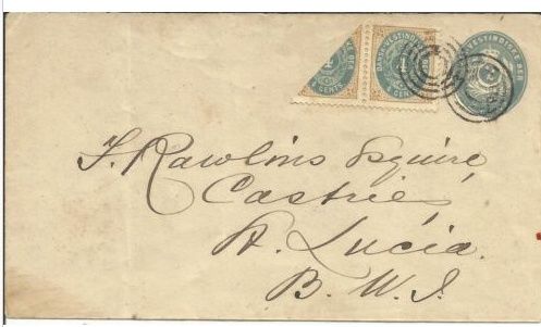 This unique cover was destined for St. Lucia - B.W.I.. It shows the letter box St. Thomas 4 rings cancels as it went from Christiansted to St. Thomas and then to St. Lucia. The bisect was not cancelled as 5 cents postage was sufficient to pay for letters travelling within the 300 nautical miles zone (in this case counting the distance between the origin town Christiansted to St. Lucia). 
Backstamped St. Thomas March 9 and Castries St. Lucia March 12. Also stamped with a 'C' showing the Christiansted origin. The stamped 4 cents shows the oval flaw with the 