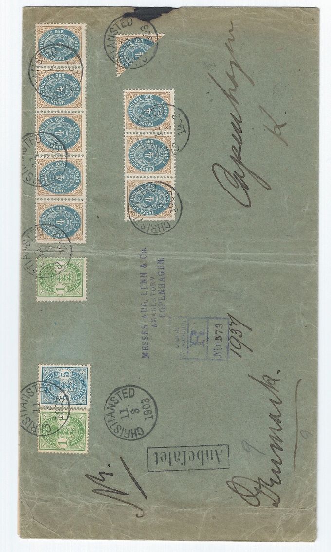 Franked with 42 cents  - Anbefalet (Registered) from Christiansted March 11 1903 to Copenhagen. Backstamped St.Thomas March 14 and Copenhagen. Printing 3. A very rare - and perhaps unique cover.
