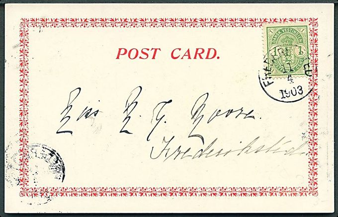 Local Frederiksted postcard sent April 11. 1 cent rate for local postcards. This card is philatelic with no message - but sent within the period of the bisects and about a month after the stock of 1 cent Coat of Arms was replenished in Frederiksted (March 6).