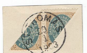 This rare set of bisected stamps on a partial - is from a stamp dealer in St. Thomas. This partial is blatantly philatelic - further emphasized by the fact that the dealer chose to sent unsealed letters to his local customers paying 4 cents whereas the local rate would have been 1 cent.
The bisected stamp to the right shows oval flaw 