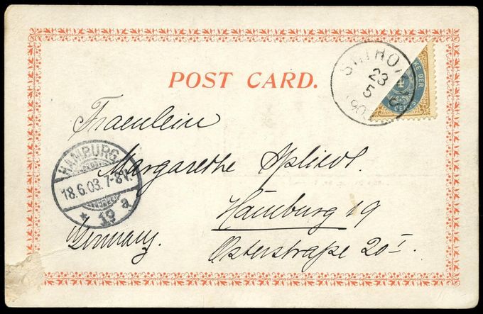 Postcard cancelled St. Thomas May 23 1903 - last day of use on St. Thomas. Receiving cancel Hamburg June 18 1903. 2 cents UPU postcard rate. Furthermore the stamp is an inverted frame. Only known postcard on the last day of use on St. Thomas. Non-philatelic. Only 2 postcards dated May 23 1903 are known.