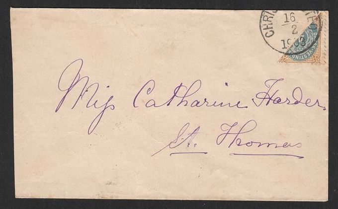 Cover cancelled Christiansted February 16 1903. Backstamped St. Thomas on the same day - February 16.