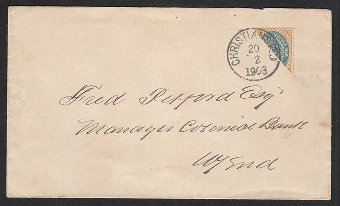 Cover sent to the manager of the Colonial Bank in Frederiksted. Cancelled Christiansted February 20 and backstamped upon arrival same day Frederiksted February 20.