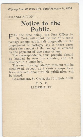 One US stamp dealer had the newspaper announcement printed on a US postal card - including it with each cover order. This Notice is for St. Croix on February 10.