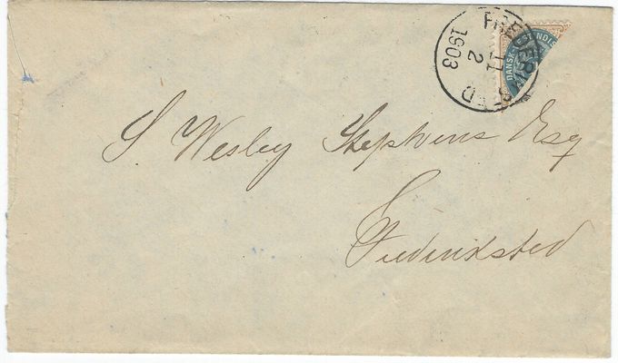 First day of use - Frederiksted February 11 1903 - Printing 3. Sealed and then opened.  A ten year search located tree St.Croix first day covers.