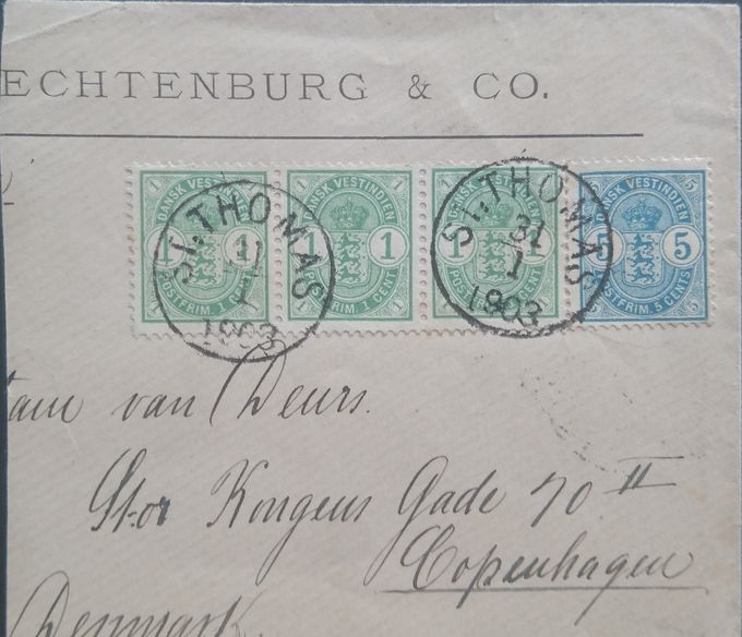 Cover paying the 8 cents UPU rate to Denmark - mailed on St. Thomas January 31 1903 in the period of the bisects - but before the stock of 1 cents became depleted on St. Thomas around February 10. The 1 cent Coat of Arms used on this cover could very well be from the batch of 50 sheets of 1 cents arriving at the St. Thomas Post Office on January 20. Note it is a partial. Backstamped Kjøbenhavn (Copenhagen) February 21 1903.