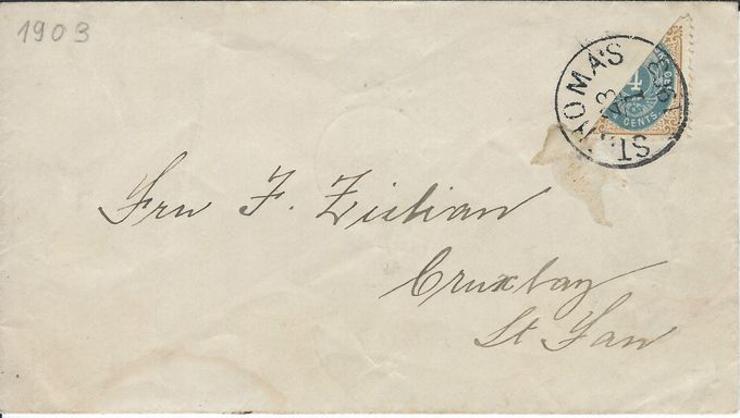 Cover cancelled St. Thomas January 23 1903. Backstamped St. Jan January 27 - been 4 days travelling from St. Thomas. This is the only known cover destined for St. Jan. It is unique.