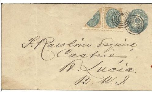 This unique cover was destined for St. Lucia - B.W.I.. It shows the letter box St. Thomas 4 rings cancels as it went from Christiansted to St. Thomas and then to St. Lucia. The bisect was not cancelled as 5 cents postage was sufficient to pay for letters travelling within 300 nautical miles (in this case counting the distance between the origin town Christiansted to St. Lucia).
Backstamped St. Thomas March 9 and Castries St. Lucia March 12. Also stamped with a 'C' showing the Christiansted origin. 