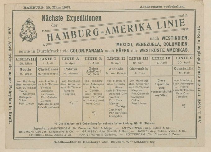 Overview of arrival/departure dates of the various vessels of the Hamburg-Amerika Linie - April 1903. Also shows their routes.