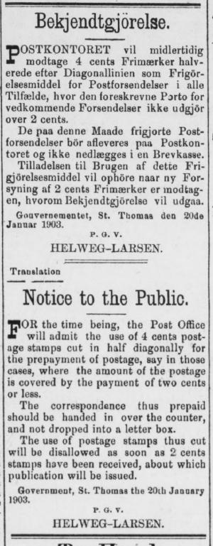 Notice from The Bulletin - with which is incorporated Saint Thomas Commercial and Shipping Gazette  January 20 - 1903.