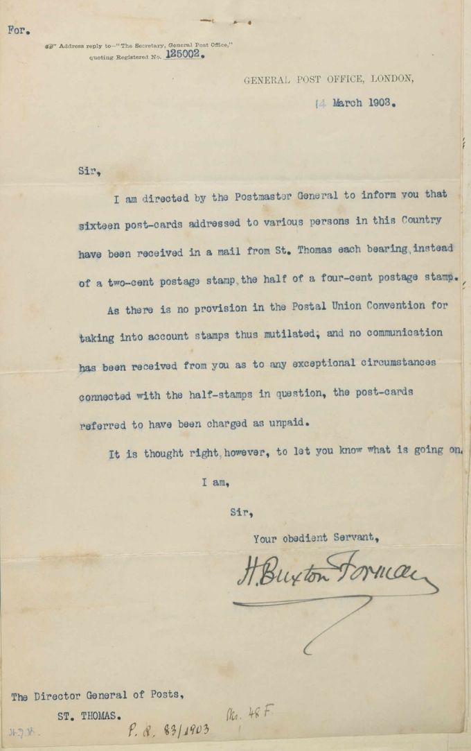 Letter from the General Post Office, London March 14 1903, to The Director General of Posts St Thomas informing that 16 postcards bearing bisected stamps have had the postage due penalty applied. 