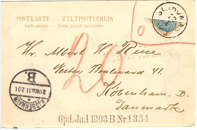 The postcard was cancelled St. Thomas 22.01.1903 and arriving in Copenhagen 11.02.1903.