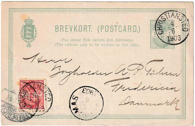 1 cent postal card cancelled Christiansted on June 4 1903. Also present is a 2 cents Coat of Arms cancelled the same day - June 4 1903. This is the only known card or letter with a 2 cents Coat of Arms on the first day of use on St. Croix. Further cancelled St. Thomas June 5 then via New York June 12 - arriving in Fredericia Denmark June 22. 