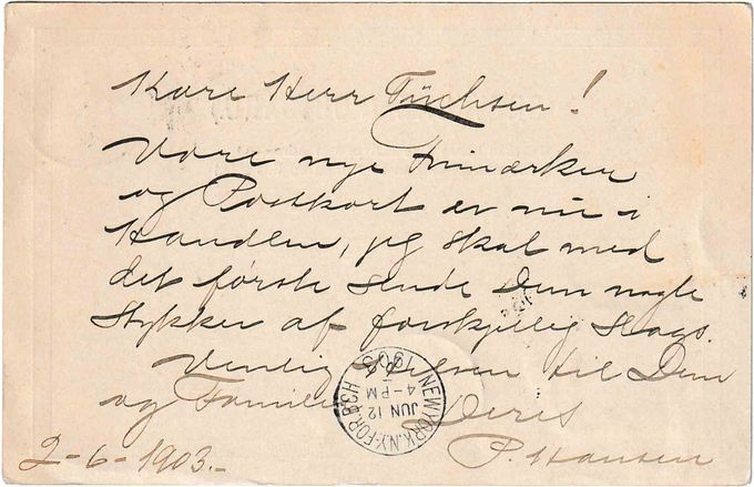 The postal card shows genuine usage. Also backstamped transitting New York June 12 1903.
